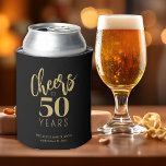 Cheers to milestone birthday custom can cooler<br><div class="desc">Modern gold typography script cheers to 50 years birthday party personalized black simple elegant can cooler. Personalize it with the name,  date,  and place or your text.</div>