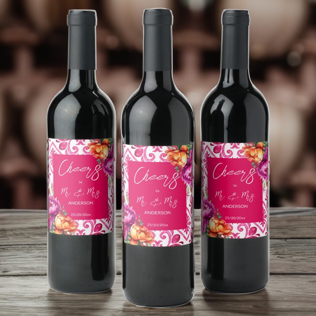 Cheers to mr and mrs fuchsia tiles orange peonies wine label (Cheers to mr and mrs fuchsia tiles orange peonies wine label personalized wedding wine labels favors)