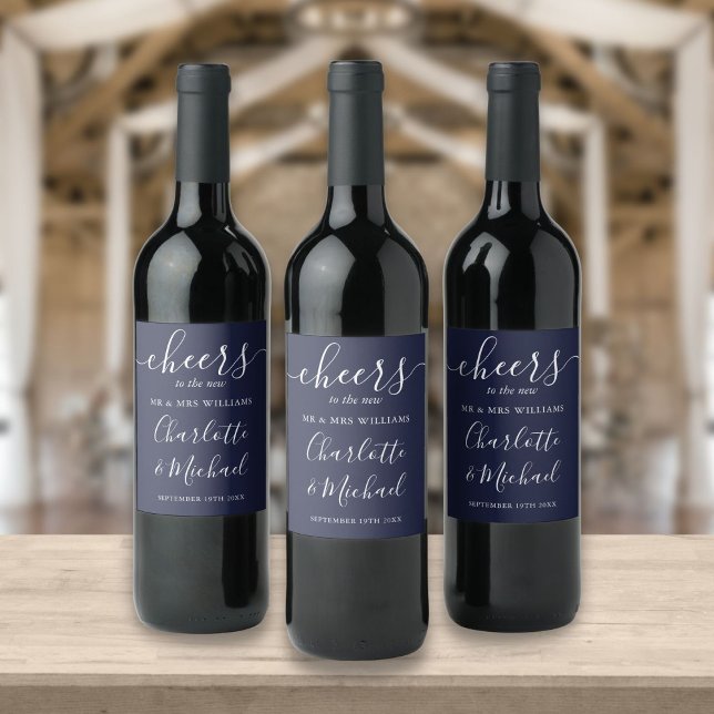 Cheers To Mr And Mrs Script Navy Blue Wedding Wine Label (Creator Uploaded)