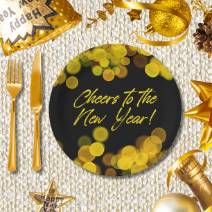 Cheers to New Year Golden Bokeh Lights Paper Plate