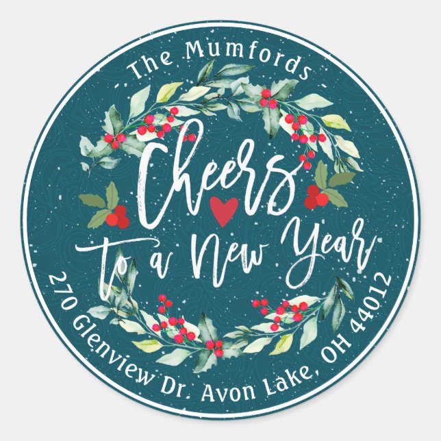 Cheers to New Year Merry Christmas Floral Address Classic Round Sticker (Front)