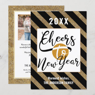 Cheers To New Year Modern Photo Festive Gold Black Holiday Card