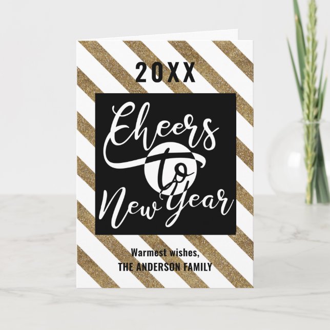 Cheers To New Year Modern Script Gold Black Photo Holiday Card (Front)