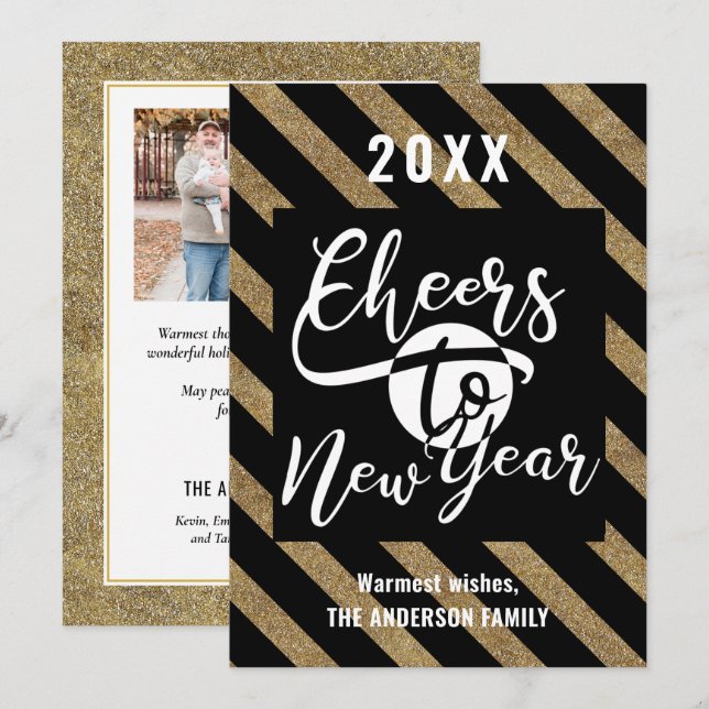 Cheers To New Year Modern Script Gold Black Photo Holiday Card (Front/Back)