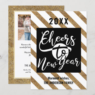 Cheers To New Year Modern Script Gold Black Photo Holiday Card