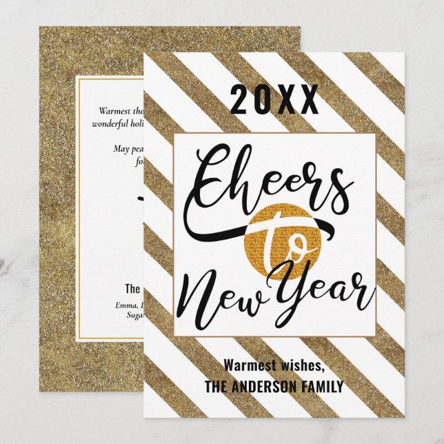 Cheers To New Year Modern Script Gold Black Stripe Holiday Card (Front/Back)