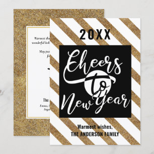 Cheers To New Year Modern Script Gold Black Stripe Holiday Card