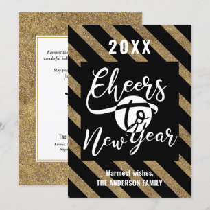 Cheers To New Year Modern Script Gold Black Stripe Holiday Card