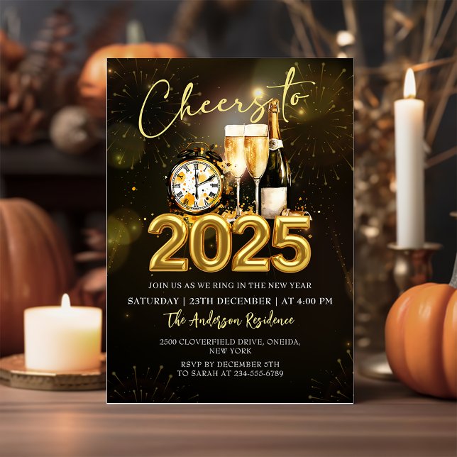 Cheers to New Year's Party 2025 Gold Champagne Invitation (Creator Uploaded)