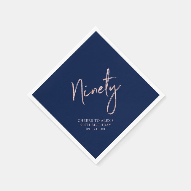 Cheers to Ninety Rose Gold & Navy 90th Birthday Napkin (Corner)