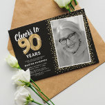 Cheers to Ninety Years 90th Birthday Photo Invitation<br><div class="desc">Elegant ninetieth birthday party invitations featuring a stylish black background that can be changed to any colour,  a photo of the birthday girl / boy,  gold sparkly glitter,  ninety gold hellium balloons,  and a modern 90th birthday celebration text template that is easy to personalize.</div>