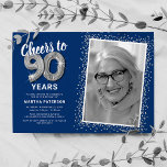 Cheers to Ninety Years 90th Birthday Photo Invitation<br><div class="desc">Elegant ninetieth birthday party invitations featuring a stylish blue background that can be changed to any colour,  a photo of the birthday girl / boy,  silver sparkly glitter,  ninety silver hellium balloons,  and a modern 90th birthday celebration text template that is easy to personalize.</div>