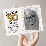 Cheers to Ninety Years 90th Birthday Photo Invitation<br><div class="desc">Elegant ninetieth birthday party invitations featuring a simple white background that can be changed to any colour,  a photo of the birthday girl / boy,  gold sparkly glitter,  ninety gold hellium balloons,  and a modern 90th birthday celebration text template that is easy to personalize.</div>