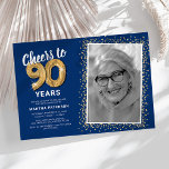 Cheers to Ninety Years 90th Birthday Photo Invitation<br><div class="desc">Elegant ninetieth birthday party invitations featuring a trendy blue background that can be changed to any colour,  a photo of the birthday girl / boy,  gold sparkly glitter,  ninety gold hellium balloons,  and a modern 90th birthday celebration text template that is easy to personalize.</div>