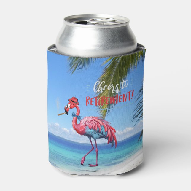 Cheers to Retirement Cool Flamingo Tropical Beach Can Cooler (Can Front)