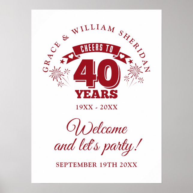 Cheers To Ruby 40th Anniversary Welcome Sign (Front)