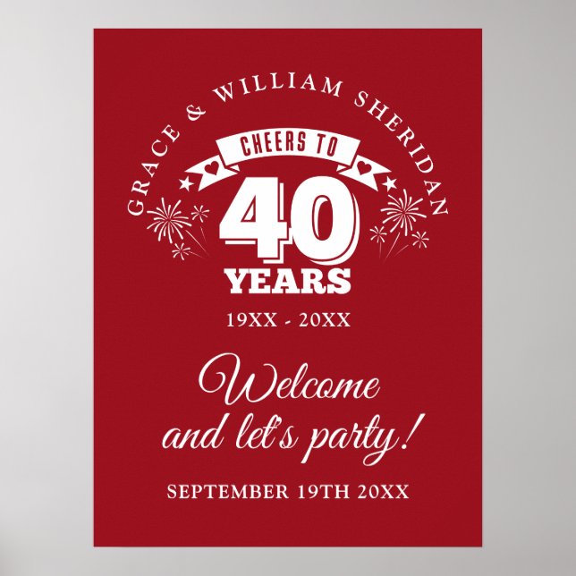 Cheers To Ruby 40th Anniversary Welcome Sign (Front)