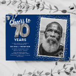 Cheers to Seventy Years 70th Birthday Photo Invitation<br><div class="desc">Elegant seventieth birthday party invitation featuring a stylish blue background that can be changed to any colour,  a photo of the birthday girl / boy,  silver sparkly glitter,  seventy silver hellium balloons,  and a modern 70th birthday celebration text template that is easy to personalize.</div>