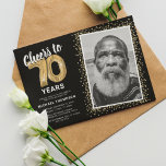 Cheers to Seventy Years 70th Birthday Photo Invitation<br><div class="desc">Elegant seventieth birthday party invitation featuring a stylish black background that can be changed to any colour,  a photo of the birthday girl / boy,  gold sparkly glitter,  seventy gold hellium balloons,  and a modern 70th birthday celebration text template that is easy to personalize.</div>