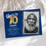 Cheers to Seventy Years 70th Birthday Photo Invitation<br><div class="desc">Elegant seventieth birthday party invitation featuring a trendy blue background that can be changed to any colour,  a photo of the birthday girl / boy,  gold sparkly glitter,  seventy gold hellium balloons,  and a modern 70th birthday celebration text template that is easy to personalize.</div>
