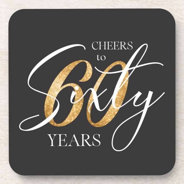 Cheers to Sixty | 60th Black Gold Glitter Birthday Coaster (Front)