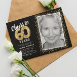 Cheers to Sixty Years 60th Birthday Photo Invitation<br><div class="desc">Elegant sixtieth birthday party invitation featuring a stylish black background that can be changed to any colour,  a photo of the birthday girl / boy,  gold sparkly glitter,  sixty gold hellium balloons,  and a modern 60th birthday celebration text template that is easy to personalize.</div>