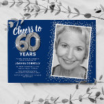 Cheers to Sixty Years 60th Birthday Photo Invitation<br><div class="desc">Elegant sixtieth birthday party invitation featuring a stylish blue background that can be changed to any colour,  a photo of the birthday girl / boy,  silver sparkly glitter,  sixty silver hellium balloons,  and a modern 60th birthday celebration text template that is easy to personalize.</div>