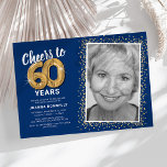 Cheers to Sixty Years 60th Birthday Photo Invitation<br><div class="desc">Celebrate the grand milestone of turning sixty with our elegant birthday party invitations. With a customizable trendy blue background, a personal photo spot, and golden accents, these invitations are sure to leave a lasting impression. The gold helium balloon details add a touch of magic, while the modern 60th birthday text...</div>