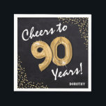 Cheers to the 90 Years! 90th Birthday Napkin<br><div class="desc">Black and gold 'Cheers to 90 Years" Birthday Party Napkins! Design features a rustic black chalkboard with a faux gold helum ninety balloon,  faux gold confetti and name.</div>