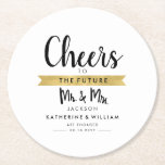 Cheers To The Future Mr and Mrs Custom Unique Round Paper Coaster<br><div class="desc">Use these custom "Cheers to the Future Mr. and Mrs." coasters to decorate your engagement party. The design features the words "Cheers" and "Mr. & Mrs." in a beautiful black hand-lettered font and a faux gold foil ribbon under the words "The Future." Personalize the design by replacing the sample text....</div>
