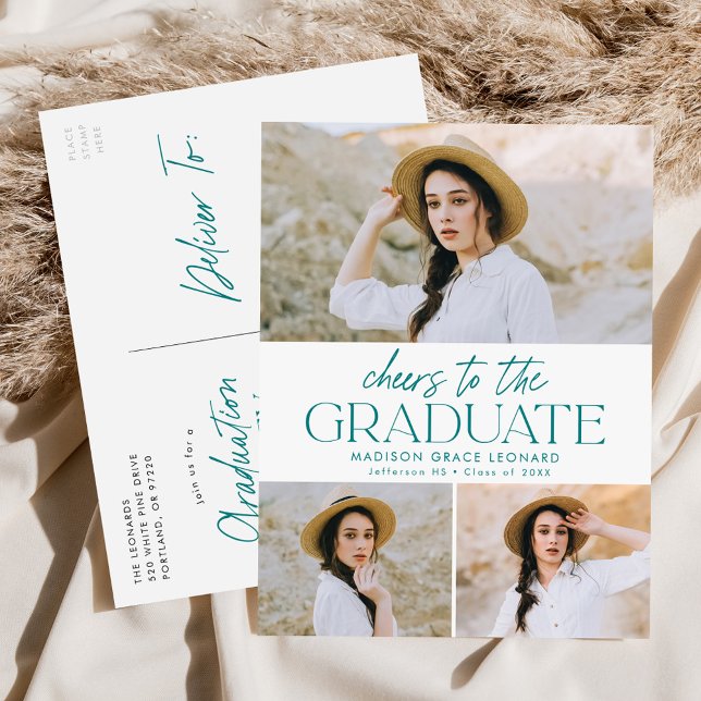 Cheers to the Grad Teal 3 Photo Graduation Party Invitation Postcard (Creator Uploaded)