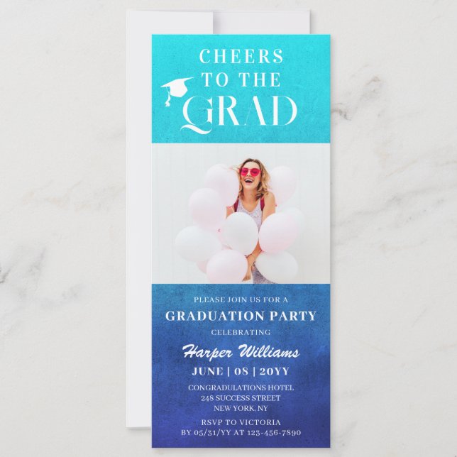Cheers To The Grad Trendy Modern Photo Blue Invitation (Front)