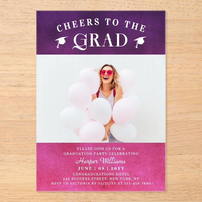 Cheers To The Grad Trendy Modern Photo Pink Purple Acrylic Invitations (Front)