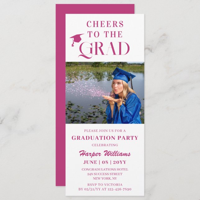 Cheers To The Grad Trendy Modern Photo Pink Script Invitation (Front/Back)
