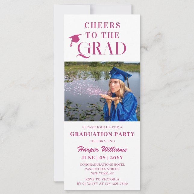 Cheers To The Grad Trendy Modern Photo Pink Script Invitation (Front)