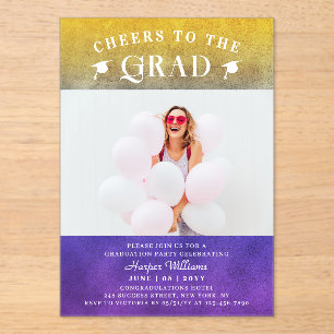Cheers To The Grad Trendy Modern Photo Purple Gold Acrylic Invitations
