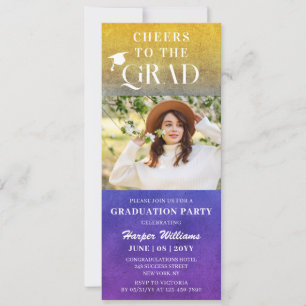 Cheers To The Grad Trendy Modern Photo Purple Gold Invitation