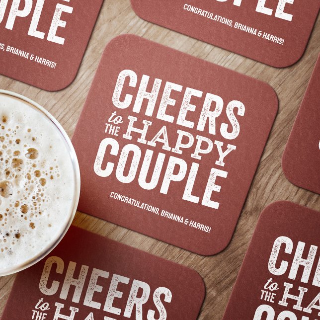 Cheers to the happy couple brick red wedding square paper coaster (Creator Uploaded)