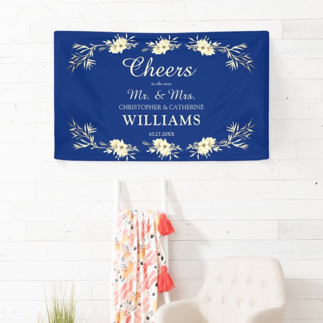 Cheers to the Mr. & Mrs. Blue Floral Wedding  Banner (Insitu)