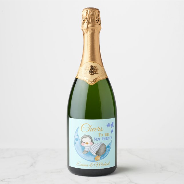Cheers To The New Parents Blue Sleeping Penguin Sparkling Wine Label (Front)