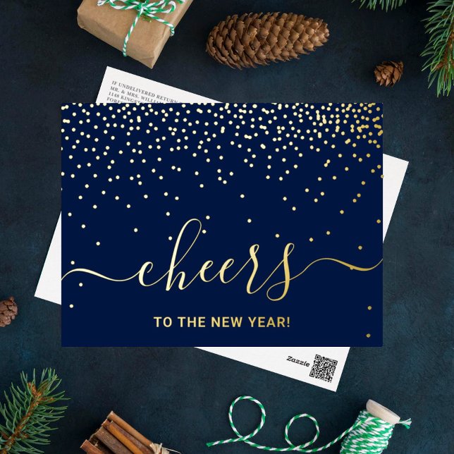 Cheers To The New Year! Elegant Confetti Real Foil Holiday Postcard (Creator Uploaded)