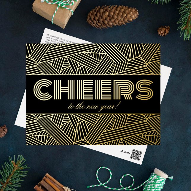 Cheers To The New Year! Geometric Typography Real Foil Holiday Postcard (Creator Uploaded)
