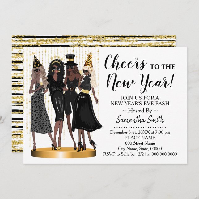 Cheers to the New Year Glitter Girls Night out Invitation (Front/Back)