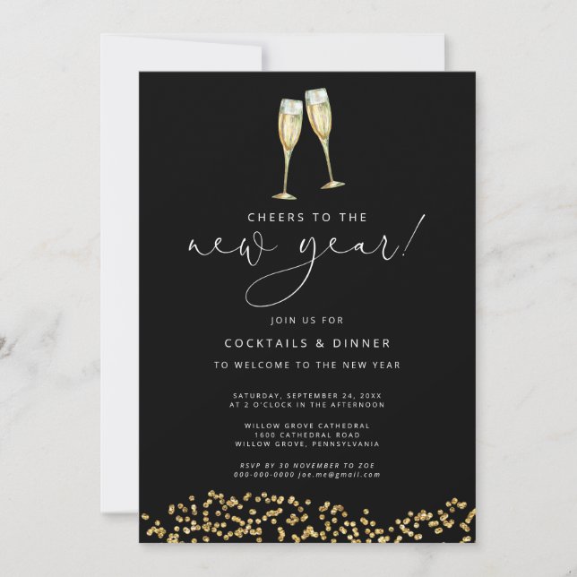 Cheers to the New Year Gold Glitter and black Invitation (Front)