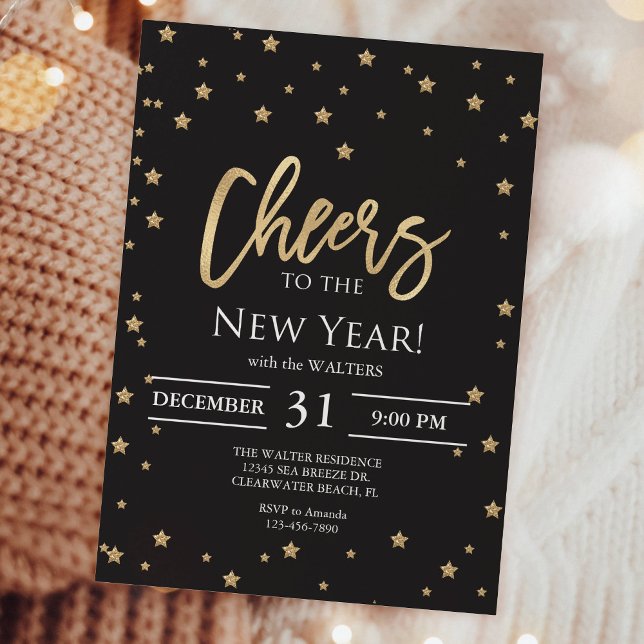 Cheers to the New Year Gold Stars Confetti Party Invitation (Creator Uploaded)