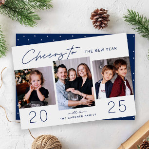Cheers to the New Year Navy Blue 3 Photo Holiday Card