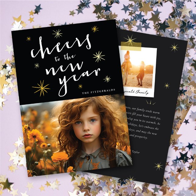 Cheers To The New Year Script Gold Starburst Photo Holiday Card (Cheers To The New Year Script Gold Starburst Photo Holiday Card @ fat_fa_tin)