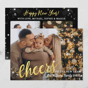Cheers to the New Year Sparkle Light 3 Photo Black Holiday Card