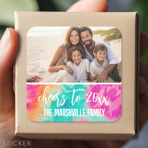Cheers to the New Year Tie-Dye Teal Photo 70s Vibe Square Sticker