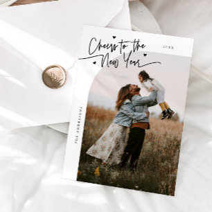 Cheers To The New Year White Curved Frame Photo Holiday Card